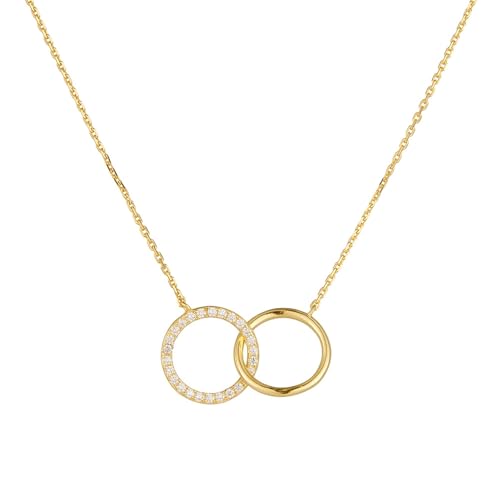 AMDXD Gold 18 Karat Au750 Halskette Damen Hochzeit, Doppel Ring Damenkette Anhänger mit Labor Erstellt Diamant Brillantschliff Weiß, Echt Schmuck Frau Ketten 18K Gelbgold, 38+5CM von AMDXD