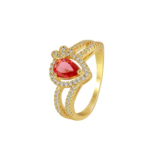AMDXD Gold 375 9 Karat Trauringe, Tropfen Eheringe mit Labor Erstellt Rubin Rundschliff Rot, Echte Goldschmuck Bandringe mit Moissanit 9K Gelbgold, Gr.47 (15.0) von AMDXD