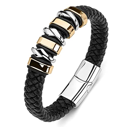 AMDXD Herrenarmband Edelstahl, Herren Lederarmband Gewebt Armband Schwarz B Armschmuck Edelstahl mit Magnet Verschluss, Länge 20cm BFF Geschenke von AMDXD