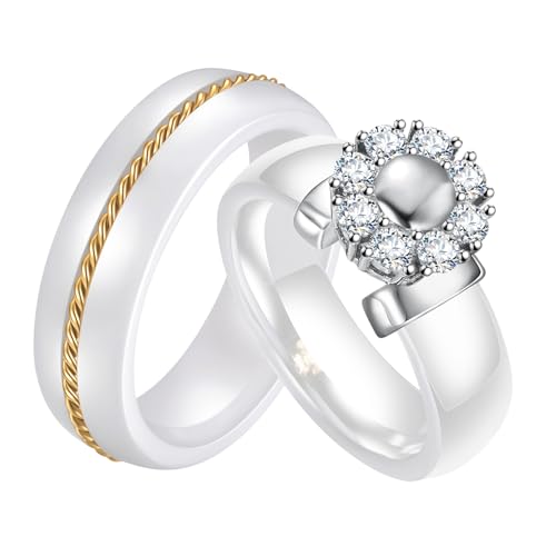 AMDXD Keramik Ring 6MM, Blumen Damen Trauringe Paare Ringe, Partnerringe Verlobungsring Hochzeitsring Band Ring mit Weiß Zirkonia, Geschenk für Ehefrau Mann Freundin Freund, Gr.52 (16.6) von AMDXD
