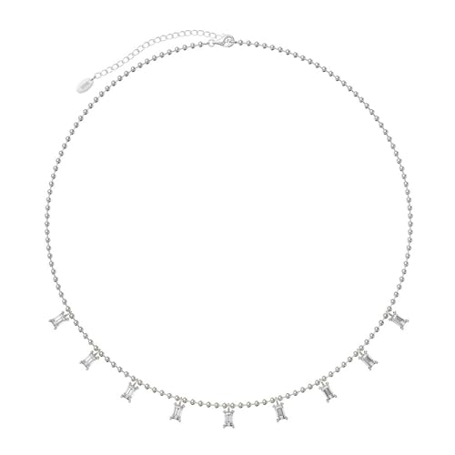 AMDXD Kette 925 mit Anhänger, 925 Sterlingsilber Halskette Anhänger Bead Kette mit Rechteckig Zirkonia Weiß, Silber Halskette Damen, 45CM von AMDXD