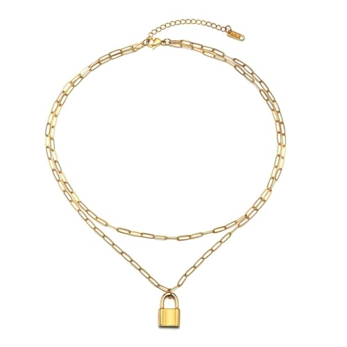 AMDXD Kette Damen Zart, Edelstahl Schloss Doppel Kette Anhänger Figarokette, Frauen Gold Kette, 47 CM von AMDXD