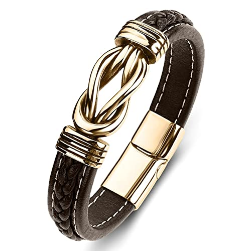 AMDXD Leder Armband Geflochten, PU Leder Armband Jungs Knot Surfer Armbänder Gold Braun Handhandgelenk Kette Edelstahl mit Magnet Verschluss, Länge 16.5cm BFF Geschenke von AMDXD