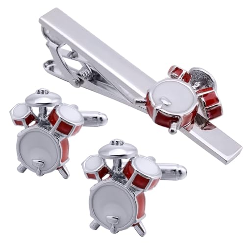 AMDXD Manschettenknöpfe Krawattenklammer, Drum Kit Cufflinks Box for Men, Silber Manschettenknöpfe Krawattennadeln Tie Clip für Anzug Hemd Hochzeit Business Graduation Gift von AMDXD