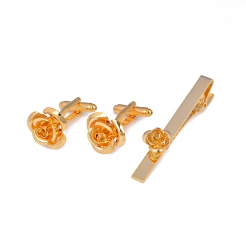 AMDXD Manschettenknöpfe Krawattenklammer, Rose Blumen Cufflinks for Men Gold, Gold Manschettenknöpfe Krawattennadeln Tie Clip für Unternehmen von AMDXD