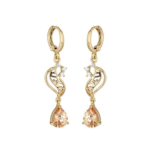 AMDXD Ohrringe Frauen 14 Karat 585 Gelbgold, Hoop Creole Ohrhänger mit Citrin Champagner Tropfenschliff, 14K Gold Moissanit Ohrringe Jugendstil Echte Goldschmuck von AMDXD