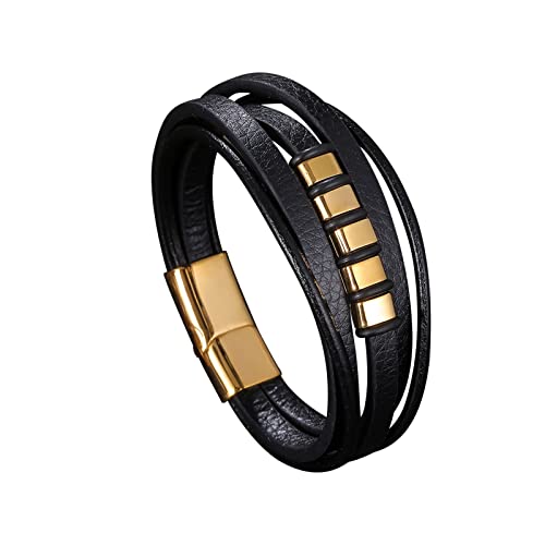 AMDXD Personalisierte Geschenke Armreif für Herren, Leder Armreif Herren Mehrschichtig Männer Armbänder Gold Armschmuck Edelstahl mit Magnet Verschluss, Länge 20.5cm von AMDXD
