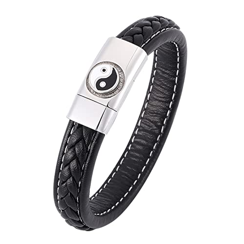 AMDXD Personalisierte Geschenke Bettelarmband, PU Leder Bettelarmband Charm Bagua Karte Yin Yang Leder Armband Herr Schwarz Armschmuck Edelstahl mit Magnet Verschluss, Länge 20.5cm von AMDXD