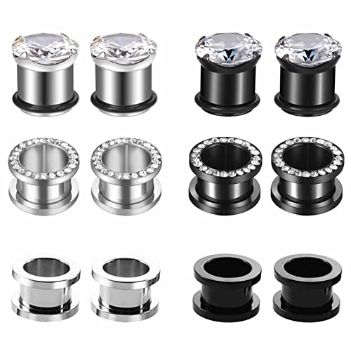 AMDXD Piercing, 4mm Ohr Plugs 12pcs, Reifen Gauges für Ohren Double Flared Tunnel mit Zirkonia, Edelstahl Silber Schwarze Ohrringe für Männer Frauen Körper Piercing Schmuck von AMDXD