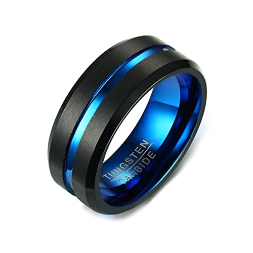 AMDXD Ring Herren 8MM, Paarringe Wolfram Rille für Männer, Schwarz Blau, Gr.62 (19.7) von AMDXD