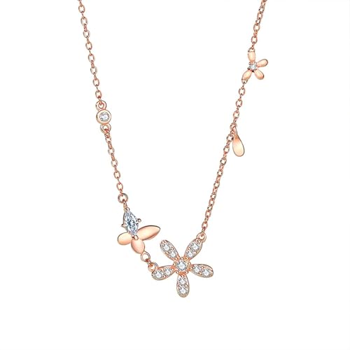 AMDXD Rose Gold 18K Au750 Halskette Damen Hochzeit, Damenkette Anhänger Schmetterling Blumen mit Moissanit Marquiseschliff Weiß, Frau Ketten 750 Gold Echt Gold Schmuck, 40+5CM von AMDXD