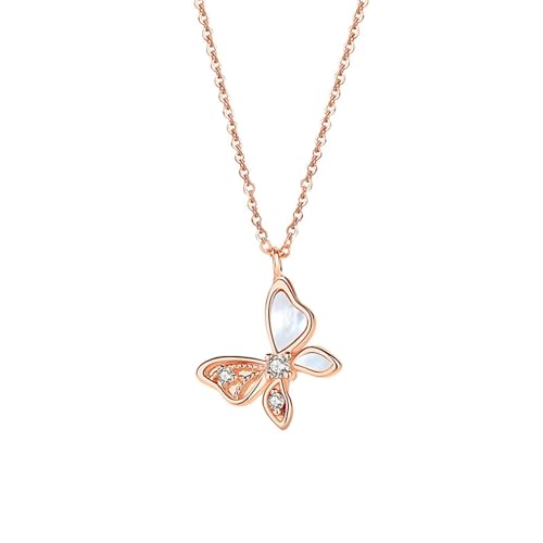 AMDXD Rosegold 14K Damen Kette Hochzeit, Schmetterling Damenkette Anhänger mit Muschel Rhombus Weiß, Echtgold Schmuck Halskette Frauen mit Moissanit Au585 Rose Gold, 40+5CM von AMDXD