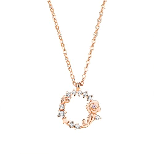 AMDXD Rosegold 585 14 Karat Kette Damen mit Anhänger, Garland Rosen Damenkette Anhänger mit Moissanit Rundschliff Weiß, Echtschmuck Halskette Frauen Rose Gold Au585, 40+5CM von AMDXD