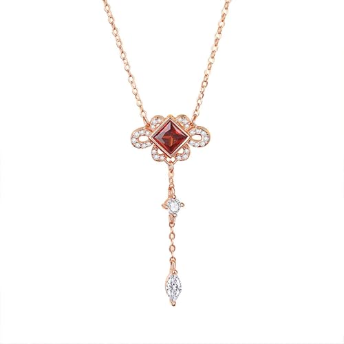 AMDXD Rotgold 9K Au375 Halskette Damen Hochzeit, Anhänger Damenkette Chinesische Knoten mit Labor Erstellt Rubin Quadratschliff Rot, Frau Ketten mit Moissanit 375 Gold Echt Gold Schmuck, 40+5CM von AMDXD