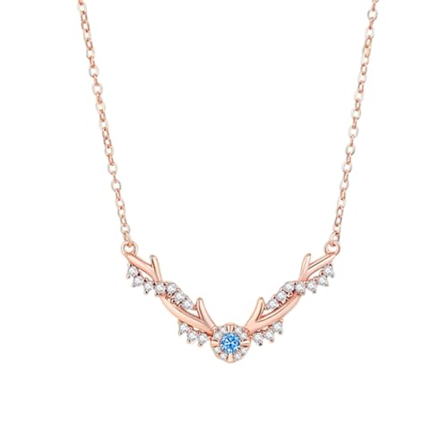AMDXD Rotgold Au375 Halsketten Damen Schmuck, Geweihe Anhänger Damenkette mit Topas Rundschliff Blau, Echt Schmuck Frau Ketten mit Moissanit 9K Gold, 40+5CM von AMDXD