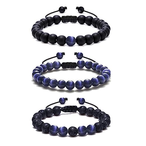 AMDXD SCHMUCK 3er Armband Set Opal Elegant Gewebt für sie und ihn, Echten Natursteinen Elastisches Kugelarmband 8mm, Handgemacht - 19CM - Blau Schwarz von AMDXD