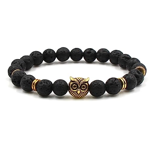 AMDXD SCHMUCK Armbänder mit Anhänger Eule für sie und ihn, Lavagestein Perlen Armband 8mm Tolle Geschenkidee - 19CM - Schwarz Gold von AMDXD