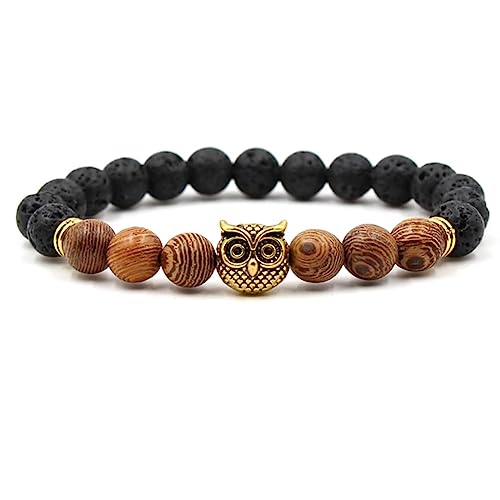 AMDXD SCHMUCK Armbänder mit Anhänger Eule für sie und ihn, Lavagestein Stretch Armreif 8mm, für Damen und Herren - 19CM - Schwarz Holz von AMDXD