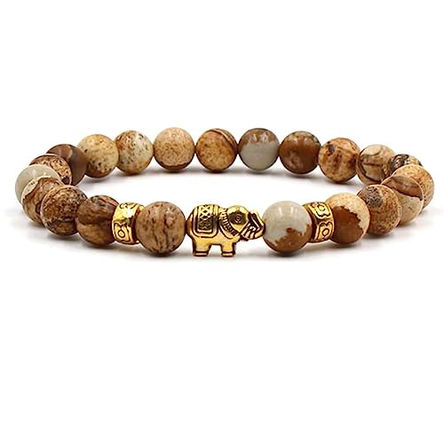 AMDXD SCHMUCK Armband 8mm Achat mit Anhänger Gold Elefant für sie und ihn, Freundschaftsarmbänder, Geschenk für Männer aus echten Natursteinen - 19CM - Braun von AMDXD