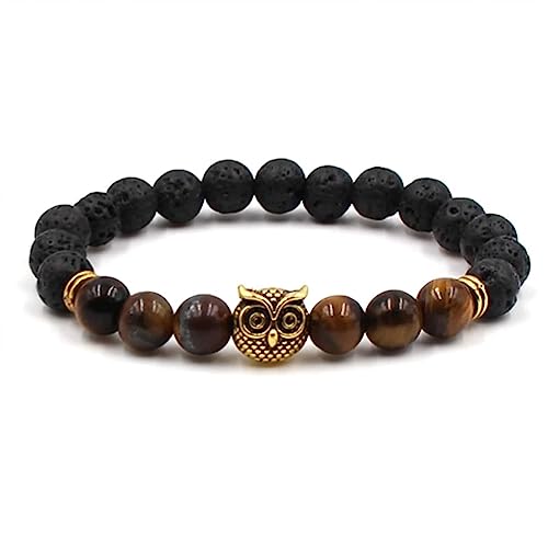 AMDXD SCHMUCK Armband 8mm Tigerauge mit Anhänger Eule für sie und ihn, Partnerarmband, Geschenk für Männer aus echten Natursteinen - 19CM - Schwarz Braun von AMDXD