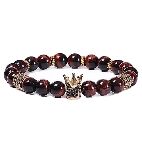 AMDXD SCHMUCK Armband Krone mit Zirkonia für sie und ihn, Tigerauge Perlenarmband 8mm, Tolle Geschenkidee - 18CM - Schwarz Braun von AMDXD