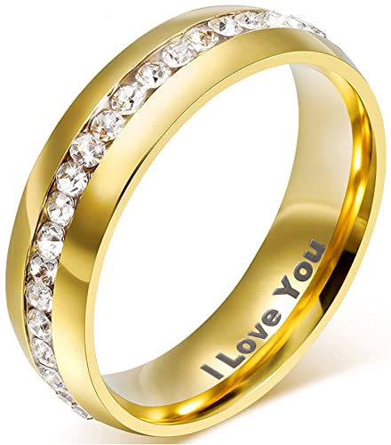 AMDXD Schmuck 18K Vergoldet Gold Eheringe, Gravur I Love You Herren Damen Ringe Zirkonia Pave Elegante Polished Hochzeit Für Valentinstag Größe 57 (18.1) - Kostenloser Schriftzug von AMDXD