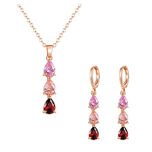AMDXD Schmuckset Hochzeit 3Pcs, Statement Kette Damen Elegant Anhänger Rose Vergoldet Damen Ohrstecker mit Bunt Zirkonia - Rose Gold von AMDXD