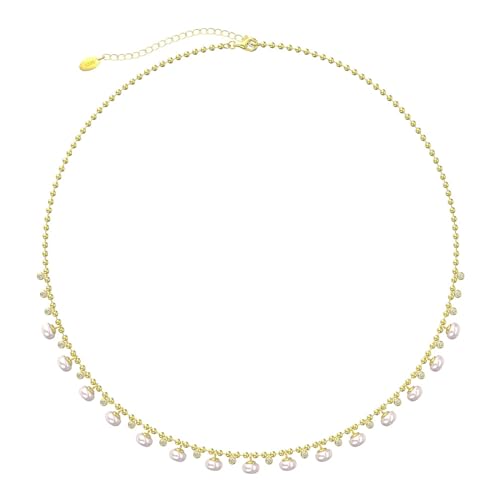 AMDXD Sterling Silber Kette 925, 925 Sterlingsilber Halskette Anhänger Elegant Bead Kette mit Zirkonia Perle, Gold Damen Kette Anhänger mit Zirkonia, 45CM von AMDXD