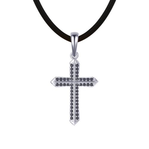 AMDXD Sterling Silber Kette Fein, 925 Sterling Silber Anhänger Halskette Zirkonia Kreuz, Silber Schwarz Halskette Männer mit Zirkonia, 50CM von AMDXD