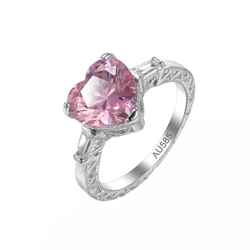 AMDXD Weiß Gold 14 Karat Trauringe, Klassisch rosa Kristall Freundschaftsringe Rosa, Au585 Gold Moissanit Pärchen Ringe Echtgold Schmuck, Gr.69 (22.0) von AMDXD