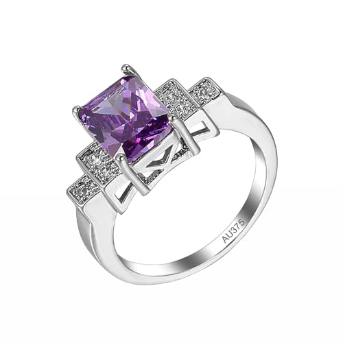 AMDXD Weiß Gold 9 Karat 375 Eheringe, Amethyst Empfindlich Freundschaftsringe Lila, Ring 9K Gold, Echter Schmuck, Gr.51 (16.2) von AMDXD