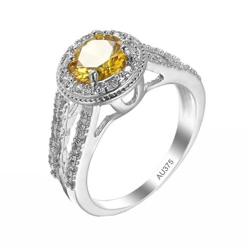 AMDXD Weiß Gold 9 Karat Au375 Antragsring, Simple Partnerringe Bandringe mit Citrin Gelb, Moissanit Hochzeitsring Partnerringe 9K Gold, Echt Goldschmuck, Gr.57 (18.1) von AMDXD