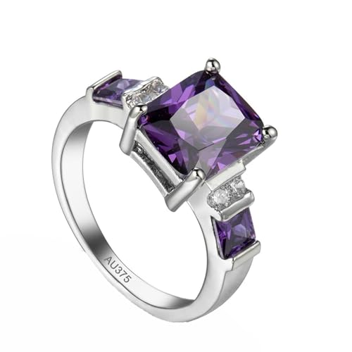 AMDXD Weiß Gold 9 Karat Verlobungsring, Simple Elegant Ring Partnerringe mit Amethyst Lila, Moissanit Freundschaftsringe Au375 Gold, Echt Gold, Gr.48 (15.3) von AMDXD