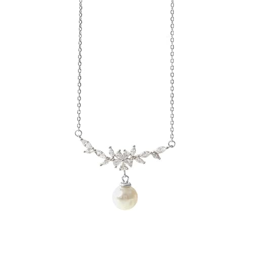 AMDXD Weißgold 14 Karat Au585 Ketten Damen, Anhänger Damenkette Blumen Blatt 8.3MM mit Perle Rundschliff Weiß, Frauen Halskette mit Moissanit 14K Gold Echt Gold Schmuck, 40+5CM von AMDXD