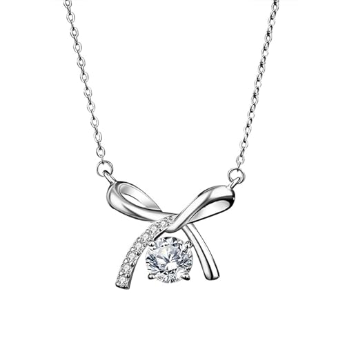 AMDXD Weißgold 14K 585 Halskette Damen Hochzeit, Anhänger Damenkette Klassiker Bow-Knot mit Moissanit Rundschliff Weiß, Frau Ketten Au585 Gold Echter Schmuck, 40+5CM von AMDXD