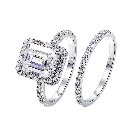 AMDXD Weißgold 18K Au750 Ring für Damen, 2er Set Hochzeitsring mit 3ct Moissanit Rechteck, Gold 750 Verlobungsring Eheringe Echt, Silber, Gr.48 von AMDXD
