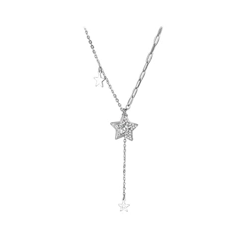 AMDXD Weißgold 9K Au375 Halskette Damen Hochzeit, Damenkette Anhänger Stern Quaste mit Moissanit Rundschliff Weiß, Frau Ketten Gold 375 Echt Goldschmuck, 40+5CM von AMDXD