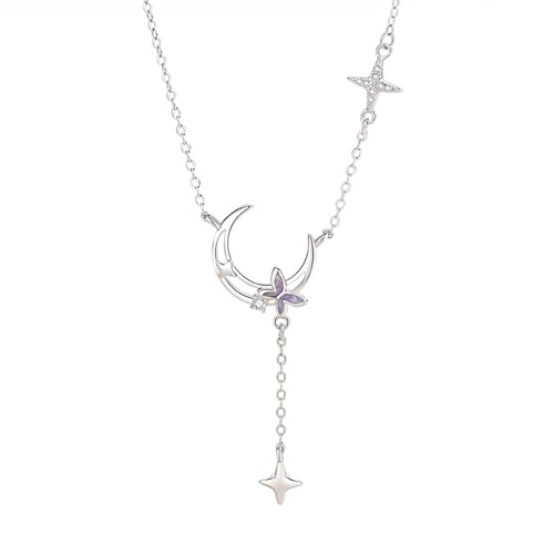 AMDXD Weißgold Au585 Damen Kette, Damenkette Anhänger Schmetterling Mond Stern mit Quaste 3CM mit Moissanit Rundschliff Weiß, Halskette Frauen 14K Echtes, 40+5CM AMDXD Weißgold Au585 Damen Kette, Damenkette Anhänger Schmetterling Mond Stern mit Quaste 3CM mit Moissanit Rundschliff Weiß, Halskette Frauen 14K Echtes, 40+5CM von AMDXD