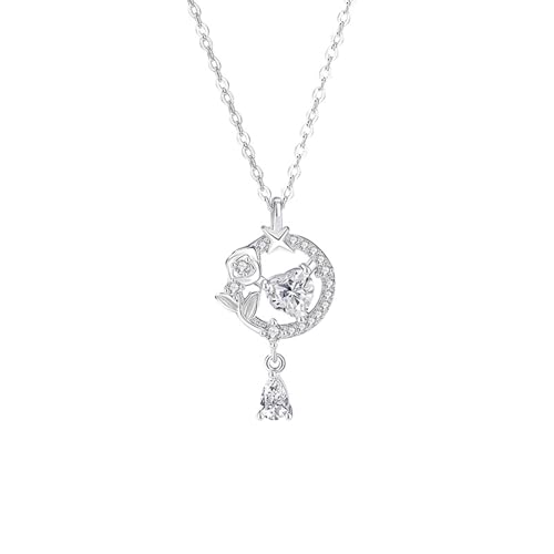 AMDXD Weißgold Au750 Damen Kette Hochzeit Echter Schmuck, Anhänger Damenkette Love Rose Tropfen mit Moissanit Herzschliff Weiß, Halskette Frauen 18K, 40+5CM von AMDXD