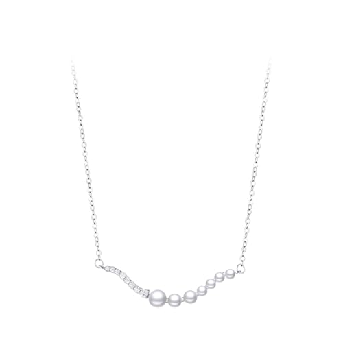 AMDXD Weißgold Au750 Halskette Damen, Unregelmäßige Linien Anhänger Damenkette mit Moissanit Rundschliff Weiß, Echtes Ketten für Frauen mit Perle 18K, 40+5CM von AMDXD