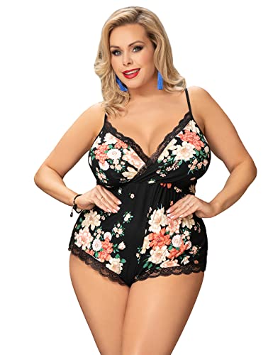 Sommer Outfit Damen Negligee Sexy Nachtwäsche Sleepwear Nachthemd Spitze Nachtkleid Lingerie Babydoll Dessous Unterwäsche Reizwäsche geblühmt in pastellfarben Jumpsuit Bodysuite Summer Outfit M- L von AME´VI