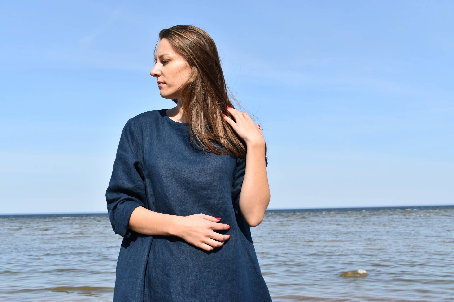 Oversized Leinen Tunika/Mini Kleid Blaues Lockeres Langes Ärmel Umstands von AMEAclothing