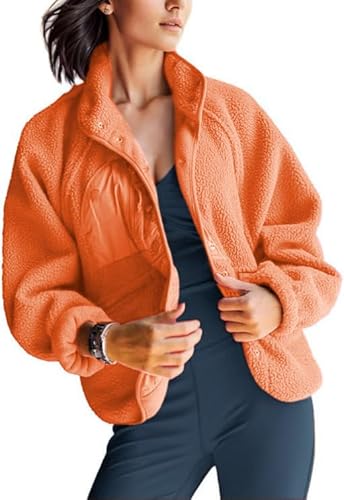 AMEBELLE Damen Cropped Fuzzy Fleece Jacke Leicht Gefüttert Winter Casual Warm Sherpa Jacke Mantel Oberbekleidung mit Taschen, Orange/Abendrot im Zickzackmuster (Sunset Chevron), S von AMEBELLE