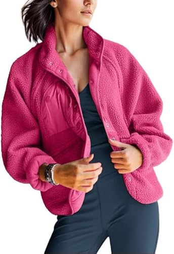 AMEBELLE Damen Cropped Fuzzy Fleece Jacke Leicht Gefüttert Winter Casual Warm Sherpa Jacke Mantel Oberbekleidung mit Taschen, Pink, M von AMEBELLE