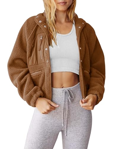 AMEBELLE Damen Cropped Fuzzy Fleecejacke Leichte Gefütterte Winter Casual Warm Sherpa Jacke Mantel Oberbekleidung mit Taschen, Braun, L von AMEBELLE