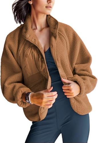 AMEBELLE Damen Cropped Fuzzy Fleecejacke Leichte Gefütterte Winter Casual Warm Sherpa Jacke Mantel Oberbekleidung mit Taschen, Braun, S von AMEBELLE