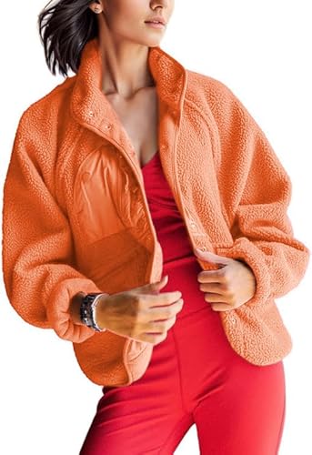 AMEBELLE Damen Cropped Fuzzy Fleecejacke Leichte Gefütterte Winter Casual Warm Sherpa Jacke Mantel Oberbekleidung mit Taschen, Orange/Abendrot im Zickzackmuster (Sunset Chevron), XL von AMEBELLE