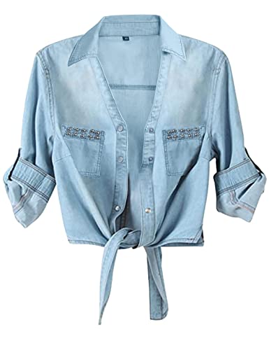 AMEBELLE Damen Hemd zum Aufrollen, 3/4-Ärmel, zum Binden vorne, Chambray-Denim-Crop-Top, 03 Hellblau, Klein von AMEBELLE