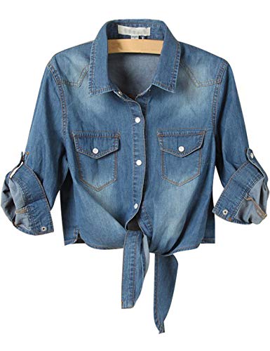 AMEBELLE Damen Hemd zum Aufrollen, 3/4-Ärmel, zum Binden vorne, Chambray-Denim-Crop-Top, Blau dunkel, X-Groß von AMEBELLE