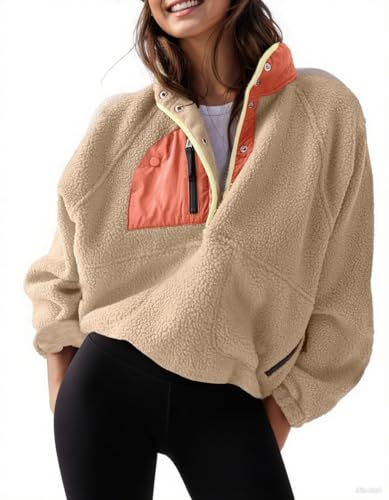 AMEBELLE Damen Leichte Fleece Pullover Jacke Cropped Herbst Winter Fuzzy Sherpa Jacke Sweatshirt Mantel mit Taschen, Hell, braun, L von AMEBELLE